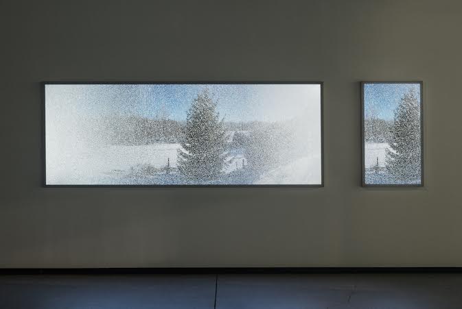 Scott McFarland. "Shattered Glass, Mid-morning Sun." 2015. LED light box with transmounted chromogenic transparency and 4K UHD Monitor (Image courtesy of Division Gallery).