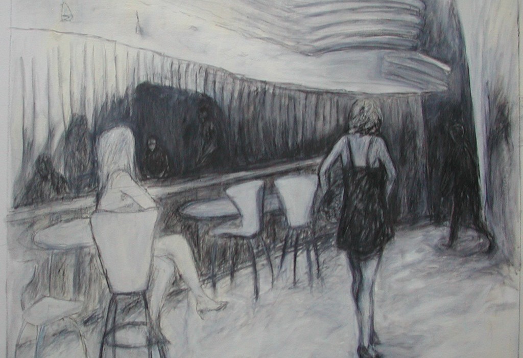 Rae Johnson, 'Walking, Sitting Girls,' 2014, 38 x 45 in, Graphite on gessoed canvas.