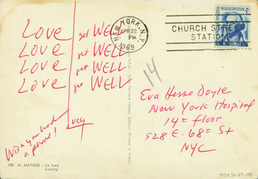 A postcard from Sol LeWitt to Eva Hesse.